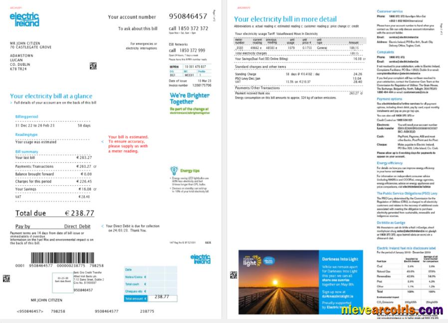 Ireland Electric Ireland utility bill version 2, 2 pages